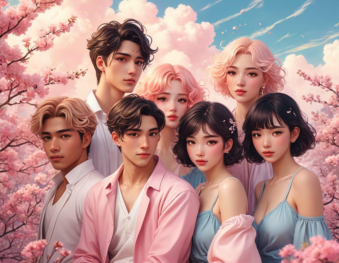 A colorful illustration of a diverse group of stylish characters inspired by erotic anime, showcasing various facial expressions and poses that hint at allure and intimacy. The background is a dreamy blend of pastel colors, suggestive of fantasy, with soft lighting that enhances the mood. Include playful elements like blossoms and wispy clouds, while maintaining an artistic tastefulness. vibrant colors. semi-realistic.