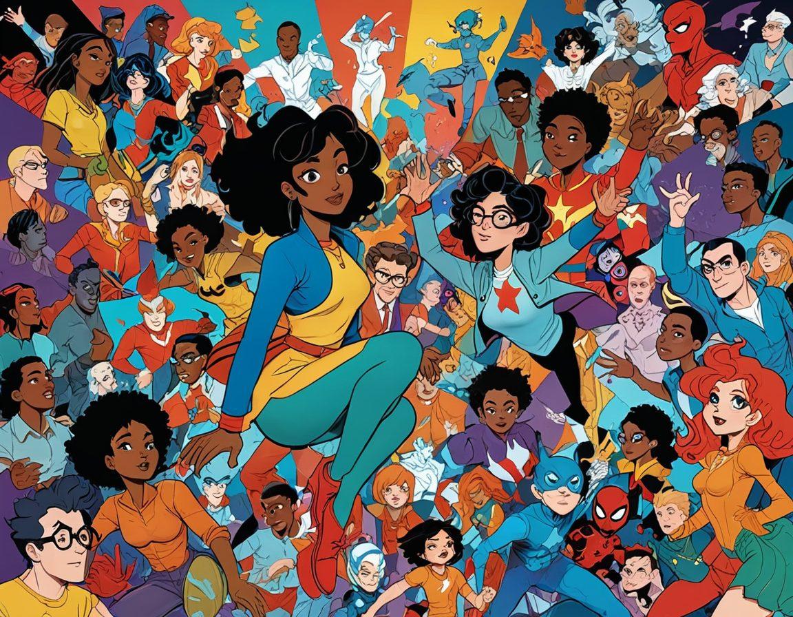 A vibrant and imaginative scene showcasing a variety of adult animation styles, featuring diverse characters in dynamic poses. The background is a colorful collage of comic book panels and animated scenes, illustrating rich narratives and artistic expressions. Include surreal elements that blur the line between reality and animation, with an emphasis on creativity and storytelling. bold colors. modern illustration. dynamic composition.